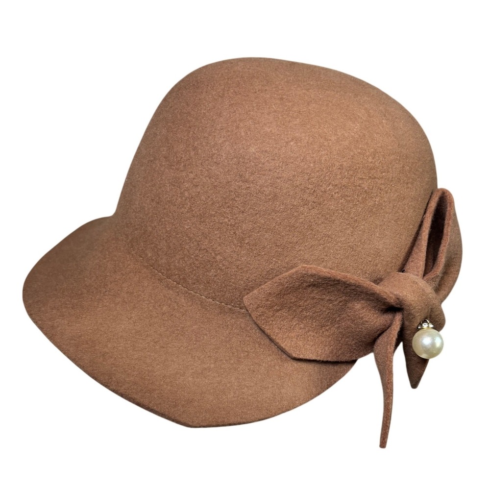 Bellady Womens 100% Wool Cloche Hat Camel Brown Bow Faux Pearl Vtg Cloche